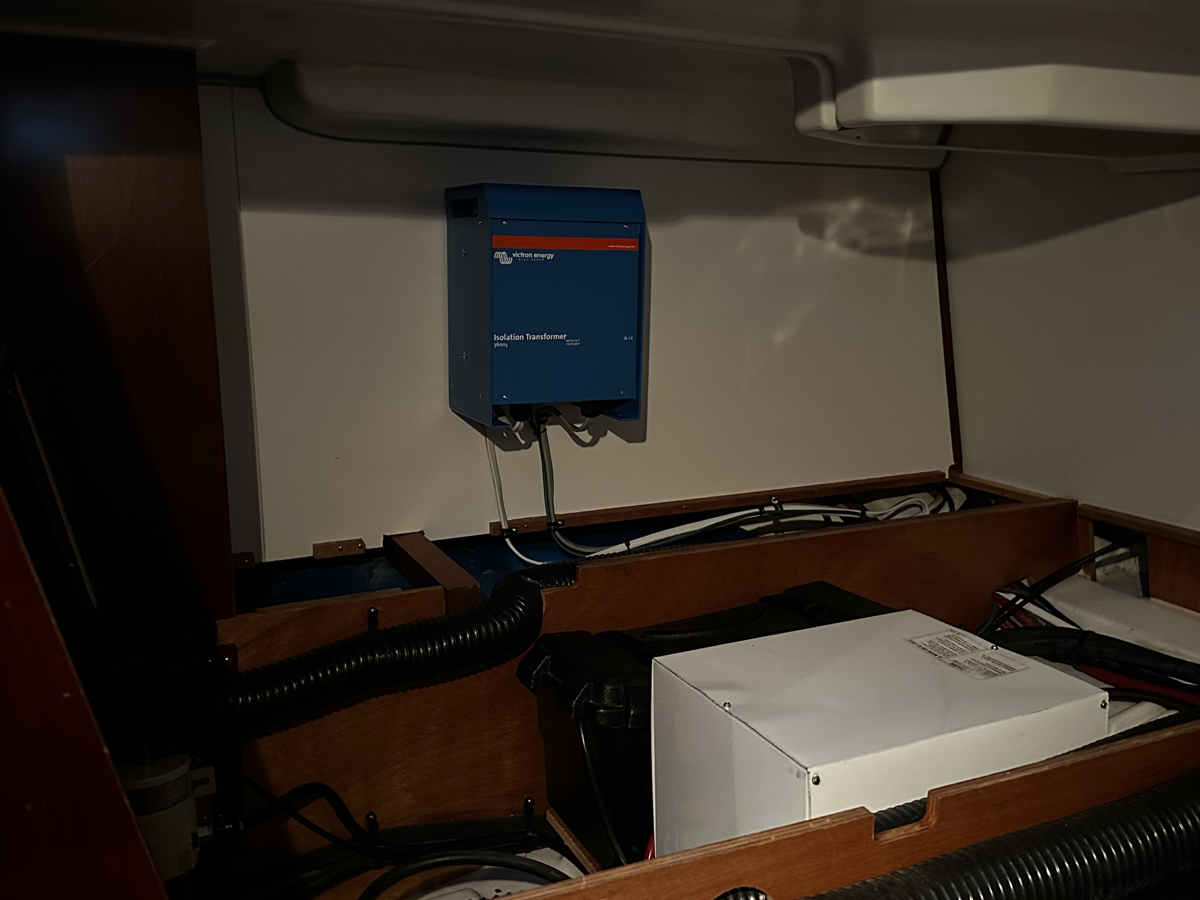 Victron isolation transformer mounted on bulkhead